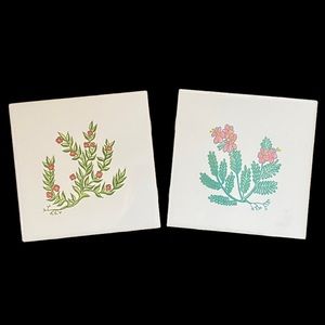 Vintage handpainted botanical herbal plant themed tiles, pair of two. EUC boho